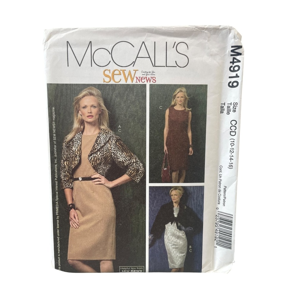 McCall's M4919 Dress Jacket Shrug Pattern Misses Size 10-16 Sheath Bolero Lined